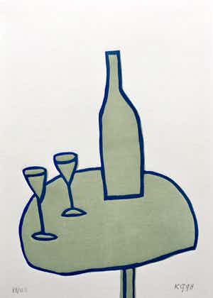Klaas Gubbels - linosnede ‘Tafel met fles en glazen’ uit 1998 - oplage 125. verkocht voor € 195!