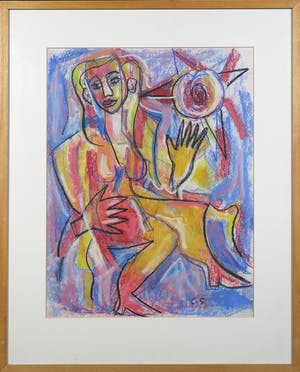 Christine Spierings - Pastelkrijt op papier, Z.t. Vrouw met zon - Ingelijst kopen? Bied vanaf 20!