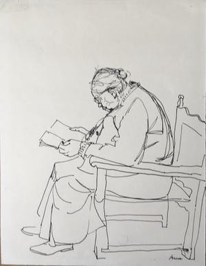 Henk Broer - Inkt tekening dame in stoel met boek kopen? Bied vanaf 19!
