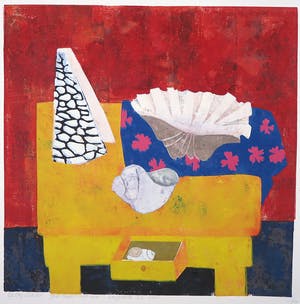 Betty Scheer - Linosnede, Gele tafel met lade kopen? Bied vanaf 40!