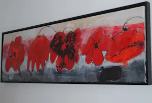 Antonio Poioumen - Rode bloemen, gemengde techniek, acryl - fraai ingelijst, groot kopen? Bied vanaf 350!