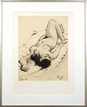 Arie Zwart - Potloodtekening, Liggend naakt - Ingelijst verkocht voor € 80!