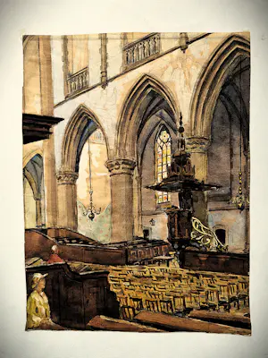 Ko Cossaar - Jaren 30 aquarel op papier "Interieur kerk met personen' - losbladig kopen? Bied vanaf 67!