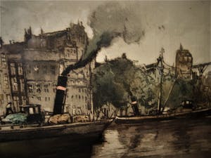 Niet of onleesbaar gesigneerd - Grote, omstreeks 1920 vervaardigde ETS "Amsterdam PH kade NicolaasKerk - gesign. kopen? Bied vanaf 1!