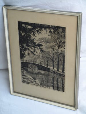 Maarten Langbroek - Ets, Reguliersgracht, Amsterdam – Gesigneerd en ingelijst – ca 1965 kopen? Bied vanaf 10!