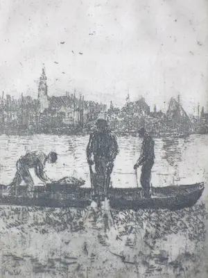 Martin van Waning - Lossende havenarbeiders - Ets kopen? Bied vanaf 1!