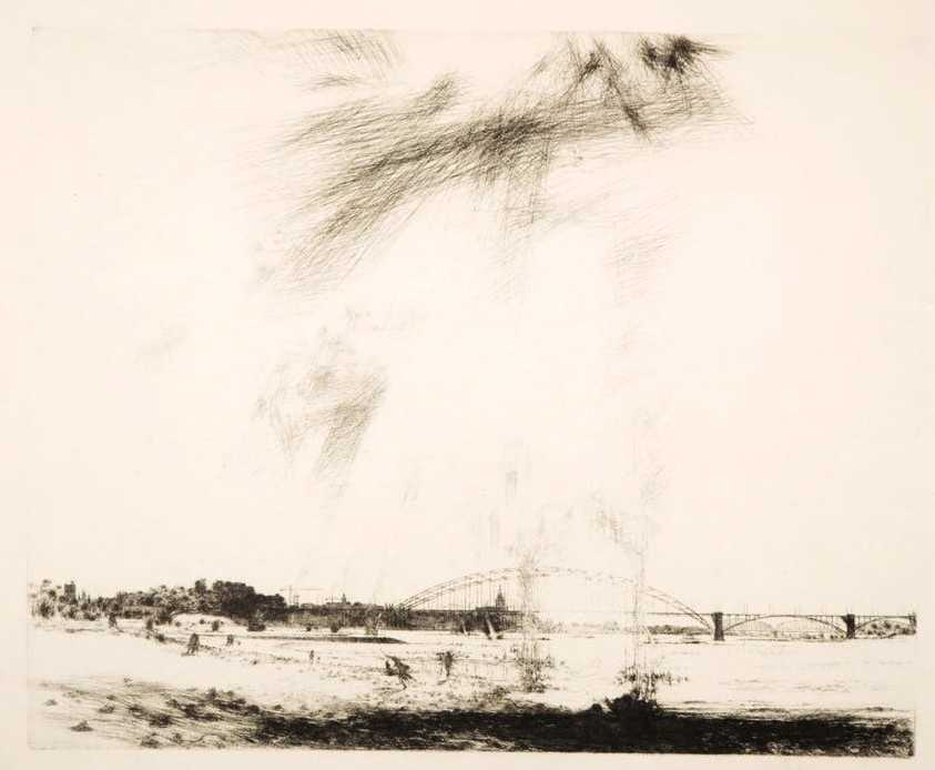 Willem den Ouden - Ets op rijstpapier, Z.T. Landschap met brug verkocht voor € 60!