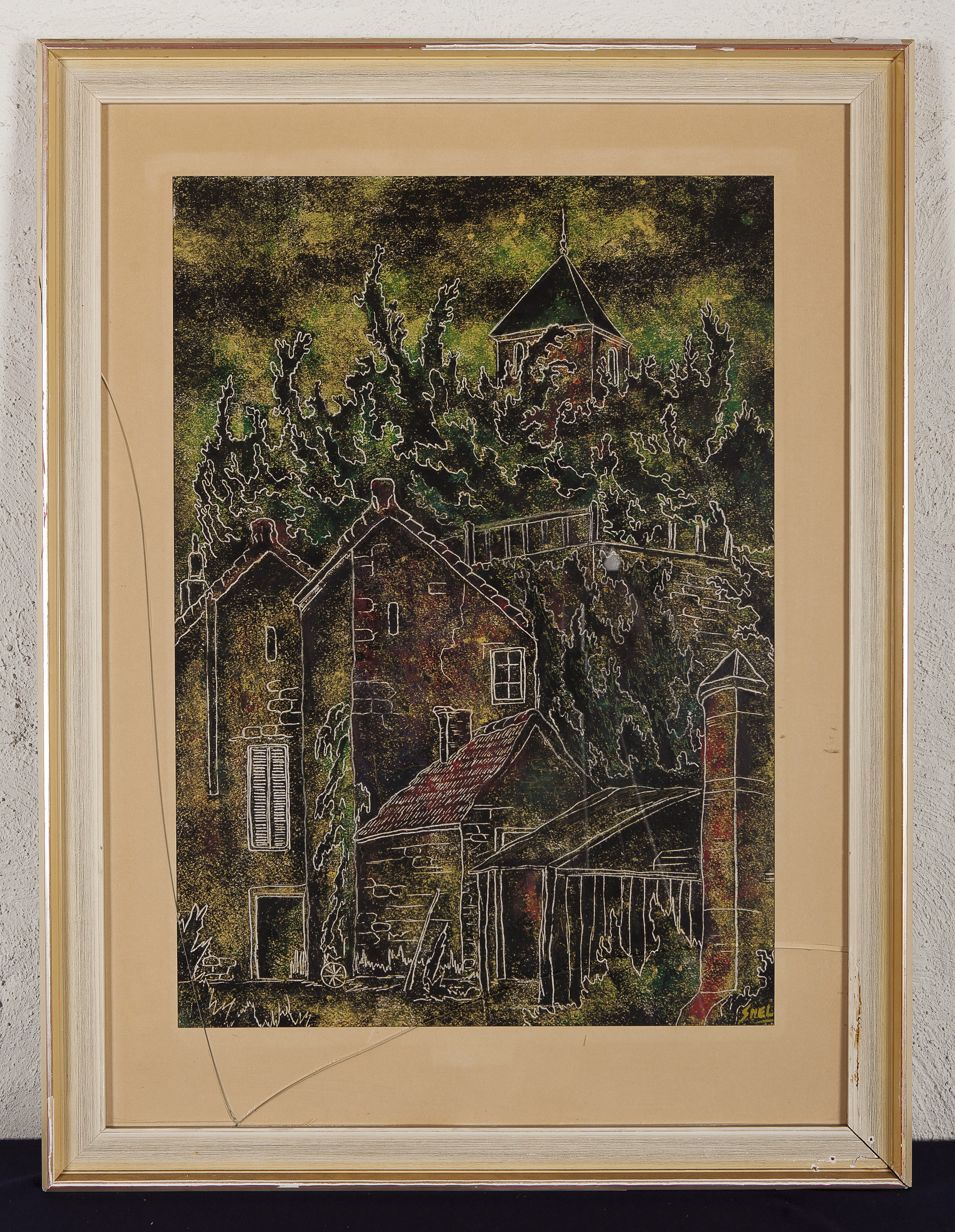 Piet Snel - Dorpsgezicht van de Vogezen - Pastelkrijt en inkt op papier - BKR Groningen 1953 kopen? Bied vanaf 10!