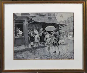 AcheterNiet of onleesbaar gesigneerd - Vrolijk tafereel gedrukt op zijde? Enchérissez de 1!