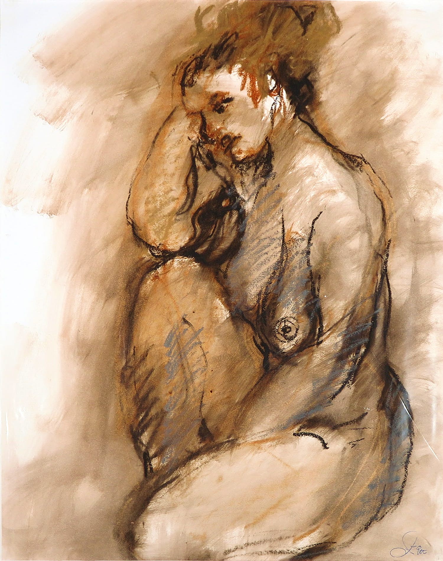 Franscz Witte - Gemengde techniek op papier, Denkend naakt kopen? Bied vanaf 1!