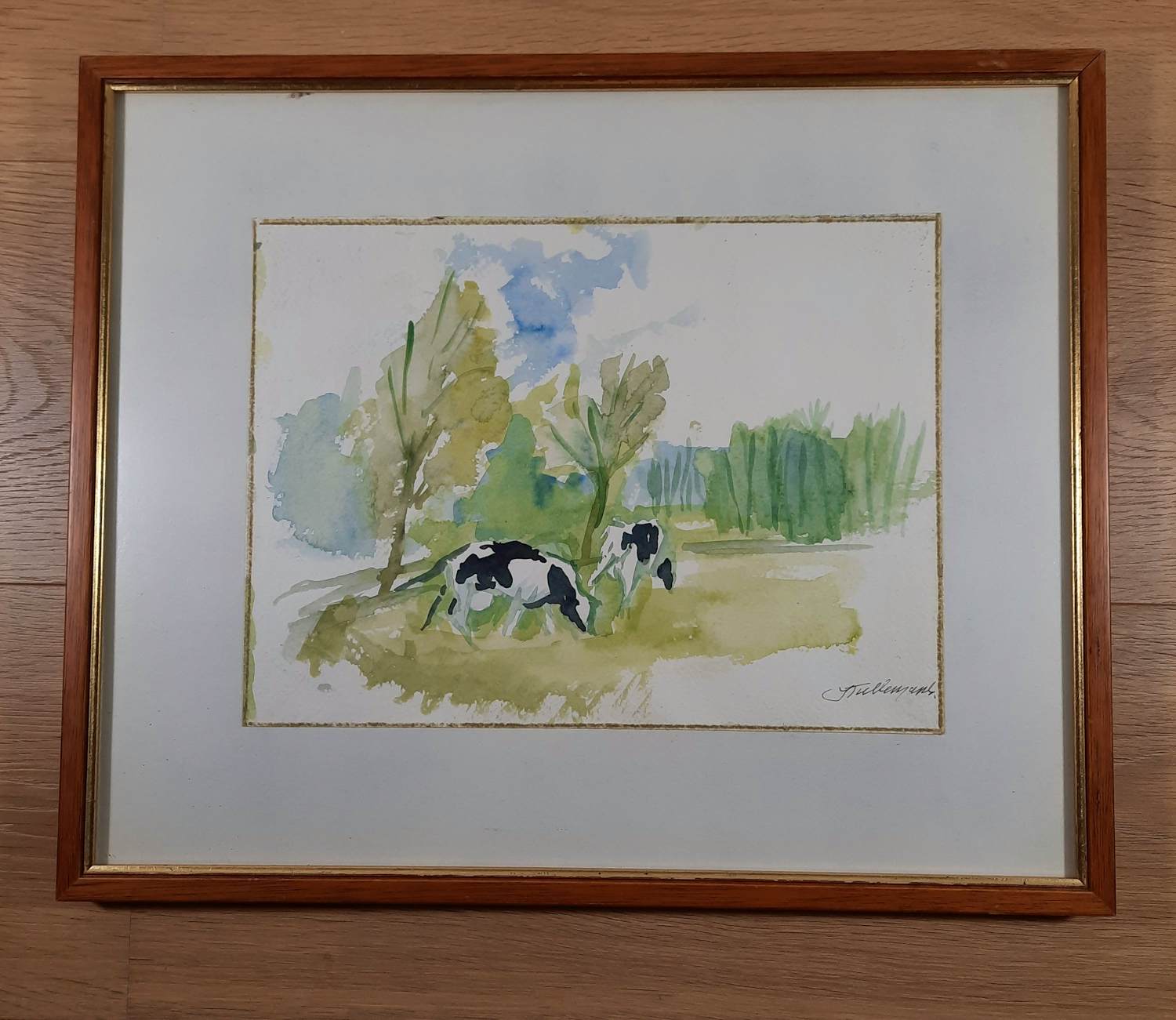 Jan Tullemans - aquarel koeien in weiland kopen? Bied vanaf 70!