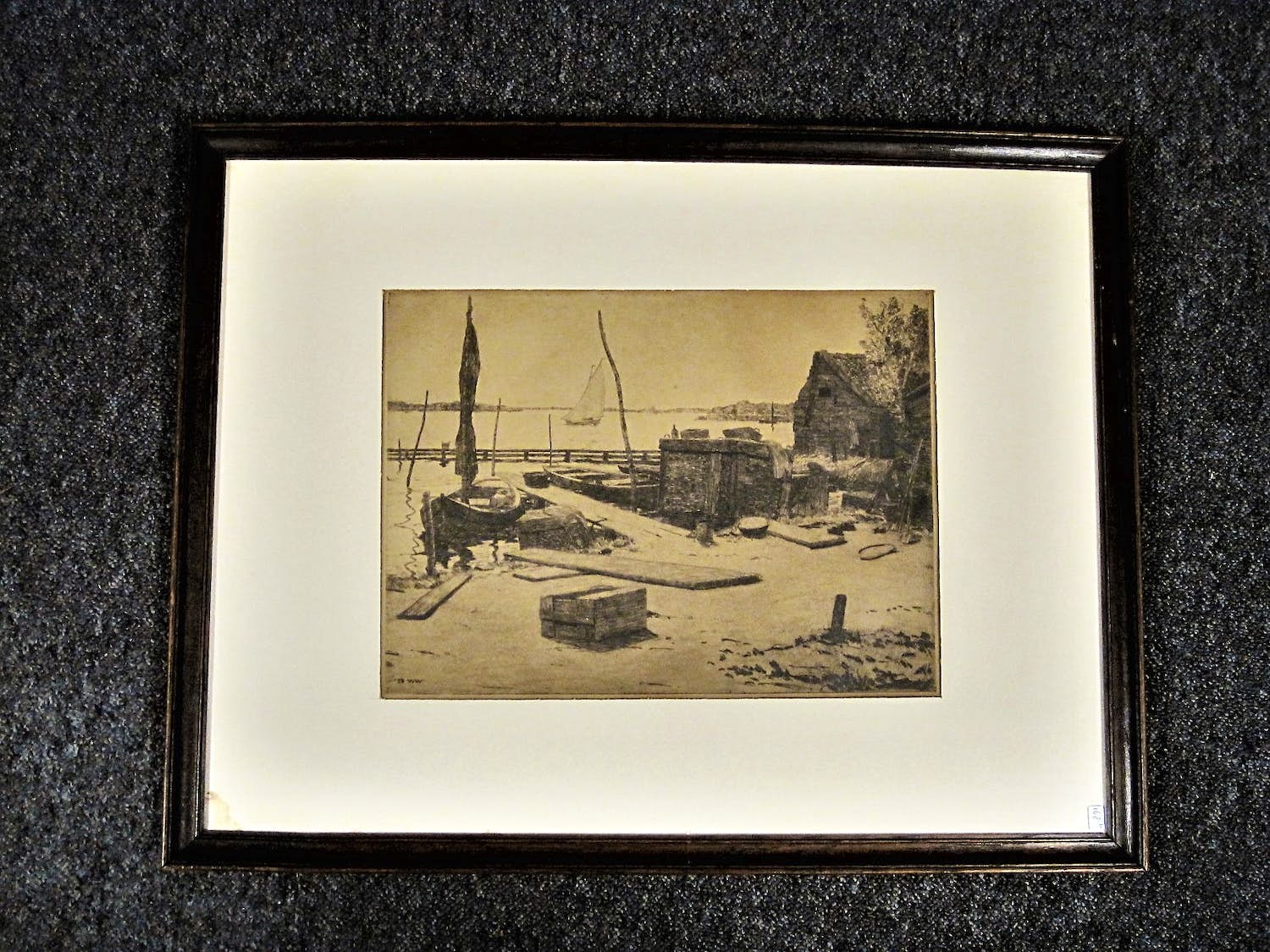 Willem Witjens - Mooie grote Ets "afgemeerde bootjes bij Hattem" potloodgesigneerd - orig. lijst verkocht voor € 35!
