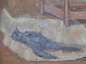 Jan Linschooten - Dood vogeltje naast open kooi - Olieverf op board kopen? Bied vanaf 90!