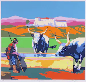 Marco Kooiman - Zeefdruk, Drinking Oxen - Ingelijst kopen? Bied vanaf 70!