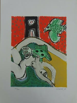 Corneille - LIGGENDE NAAKTE VROUW / KLEURLITHO / 70x50cm / SIG / 1975 kopen? Bied vanaf 95!