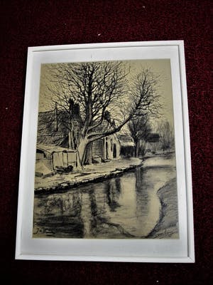 Johannes de Munck - Grote houtskooltekening "huizen aan water" gesigneerd - ingelijst. kopen? Bied vanaf 29!