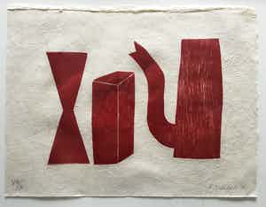 Klaas Gubbels - houtdruk 'Rode kan met object en diabolo’ - 2005. verkocht voor € 350!