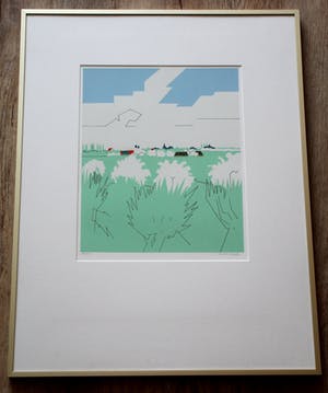Hendrik Valk - ingelijste litho: huizen in landschap kopen? Bied vanaf 150!