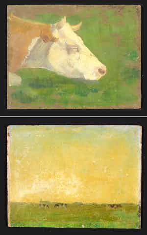 Niet of onleesbaar gesigneerd - Olieverf op paneel (voor- en achterkant beschilderd), Landschap met koeien verkocht voor € 1!