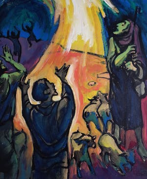 Klaas Pijlman - Olieverf op board, "figuren in het vuur die hogere macht aanbidden" kopen? Bied vanaf 1!