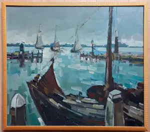 Bob Immink - Haven van Volendam, olieverf op doek (netjes ingelijst) kopen? Bied vanaf 295!