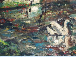 Niet of onleesbaar gesigneerd - Olieverf op doek , “Landschap met zwaan” kopen? Bied vanaf 1!