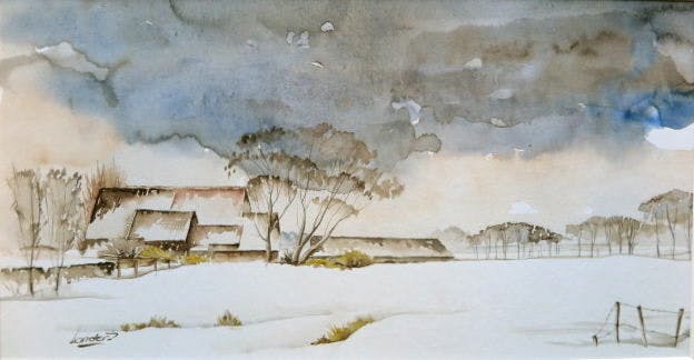 Koos Landers - Hollandse polder in de sneeuw kopen? Bied vanaf 10!