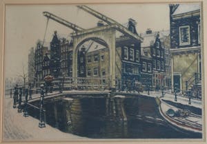 Cornelis Brandenburg - Ets, Groenburgwal Amsterdam in de winter – in originele lijst - groot kopen? Bied vanaf 100!