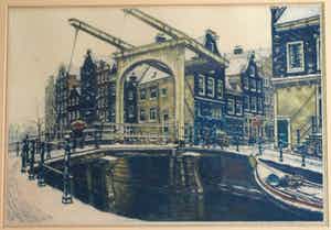 Cornelis Brandenburg - Ets, Groenburgwal Amsterdam in de winter – in originele lijst - groot verkocht voor € 100!