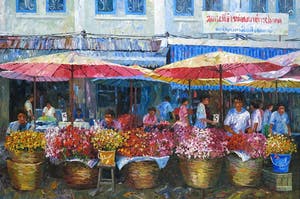 Niet of onleesbaar gesigneerd - Acryl op doek, Bloemenmarkt - Ingelijst kopen? Bied vanaf 1!