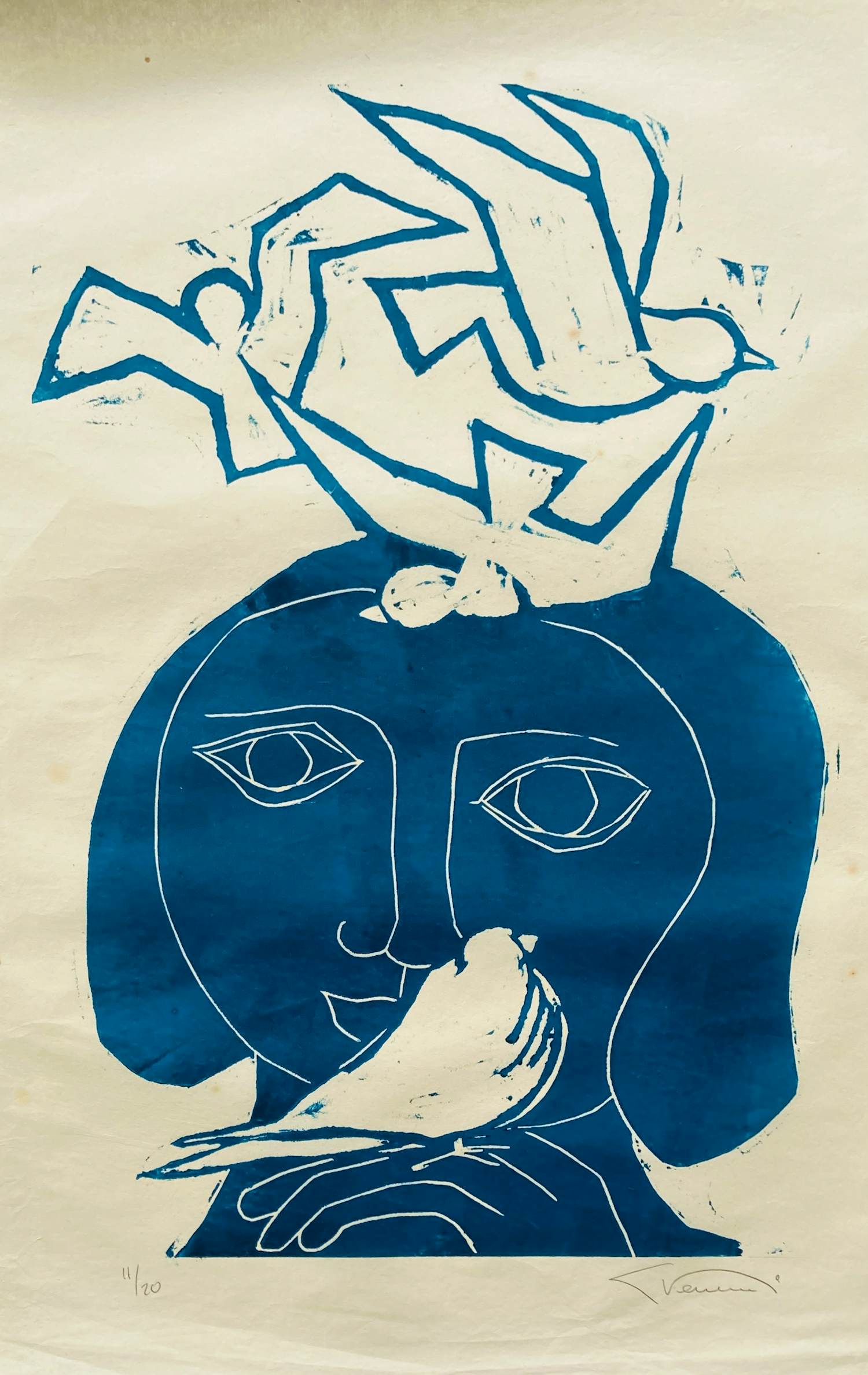 Libbe Venema - Vrouw met Vogels ( vintage linosnede) kopen? Bied vanaf 65!