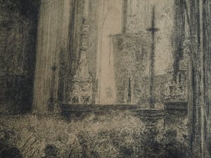 Walter Vaes - Ets , “Kerkinterieur”, Veere, Zeeland? – gesigneerd & ingelijst – ca 1915 kopen? Bied vanaf 10!