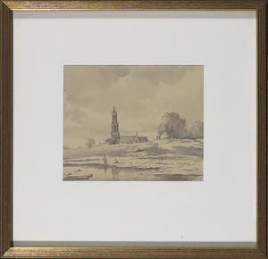 Arnoldus Johannes Eymer - Aquarel, Landschap met kerktoren - Ingelijst kopen? Bied vanaf 1!