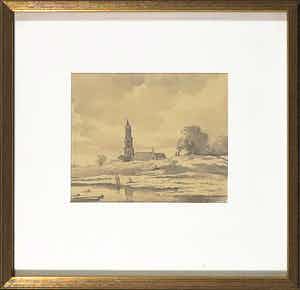 Arnoldus Johannes Eymer - Aquarel, Landschap met kerktoren - Ingelijst verkocht voor € 1!