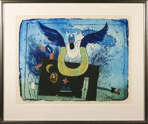 Michel van Overbeeke - Kleurenets met bladgoud, Blue wing - Ingelijst verkocht voor € 70!