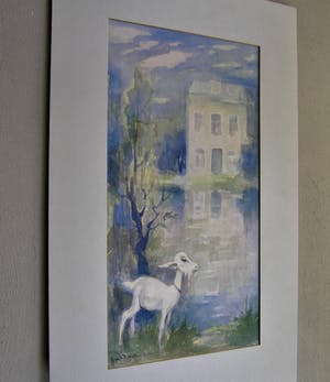 Harrie van Rosmalen - Aquarel - Geitje bij wit huis in landschap aan plas kopen? Bied vanaf 40!
