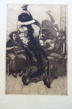 Frans Hogerwaard - Flamencodanseres met gitaristen in een kroegje. verkocht voor € 40!
