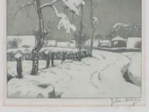 Johan Meijer - Landweg met boerderijen in de sneeuw - Ets kopen? Bied vanaf 40!