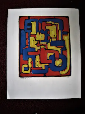 Wim Motz - Bijzondere 1957 geometrische kleuren Lithografie "Labyrinth" handgesigneerd kopen? Bied vanaf 37!