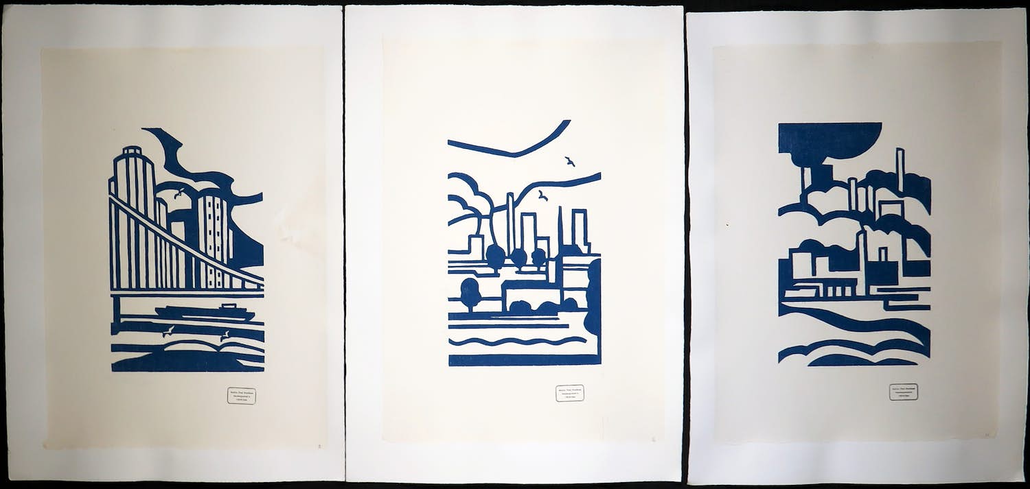 Paul Overhaus - Lot van drie houtsnede, steden verkocht voor € 1!