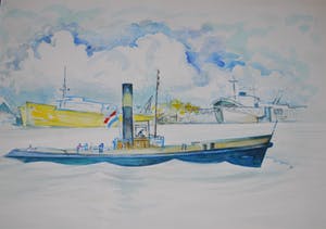 Karel van Seben - Mokum - Sleepboot in de haven van Amsterdam - Mooi ingelijste aquarel kopen? Bied vanaf 45!