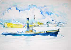 Karel van Seben - Mokum - Sleepboot in de haven van Amsterdam - Mooi ingelijste aquarel verkocht voor € 45!
