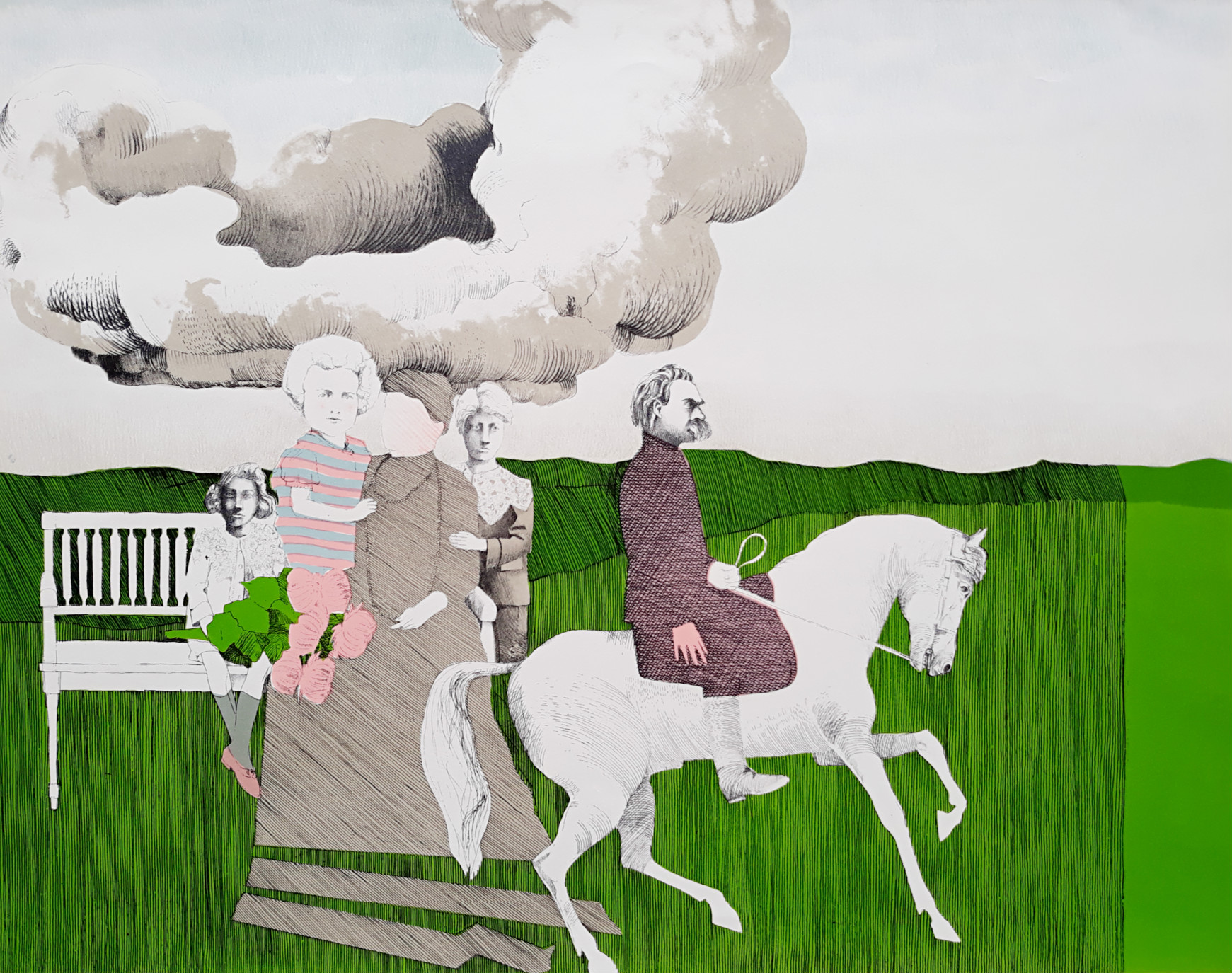 Aat Verhoog - Man te paard en figuren bij bankje, litho kopen? Bied vanaf 30!