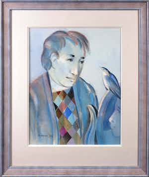 Marcel Cockx - Aquarel, Man met vogel - Ingelijst verkocht voor € 1!