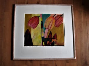 Fenneke van der Elst - GROOT Acrylverf / papier Schilderij "Tulpen" gesigneerd en fraai gelijst kopen? Bied vanaf 10!