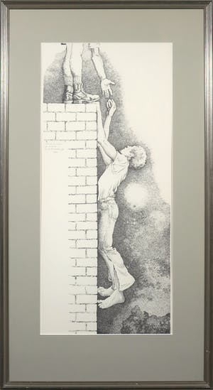 Harm Veldhoen - Ets, Iemand er boven op helpen - Ingelijst kopen? Bied vanaf 50!