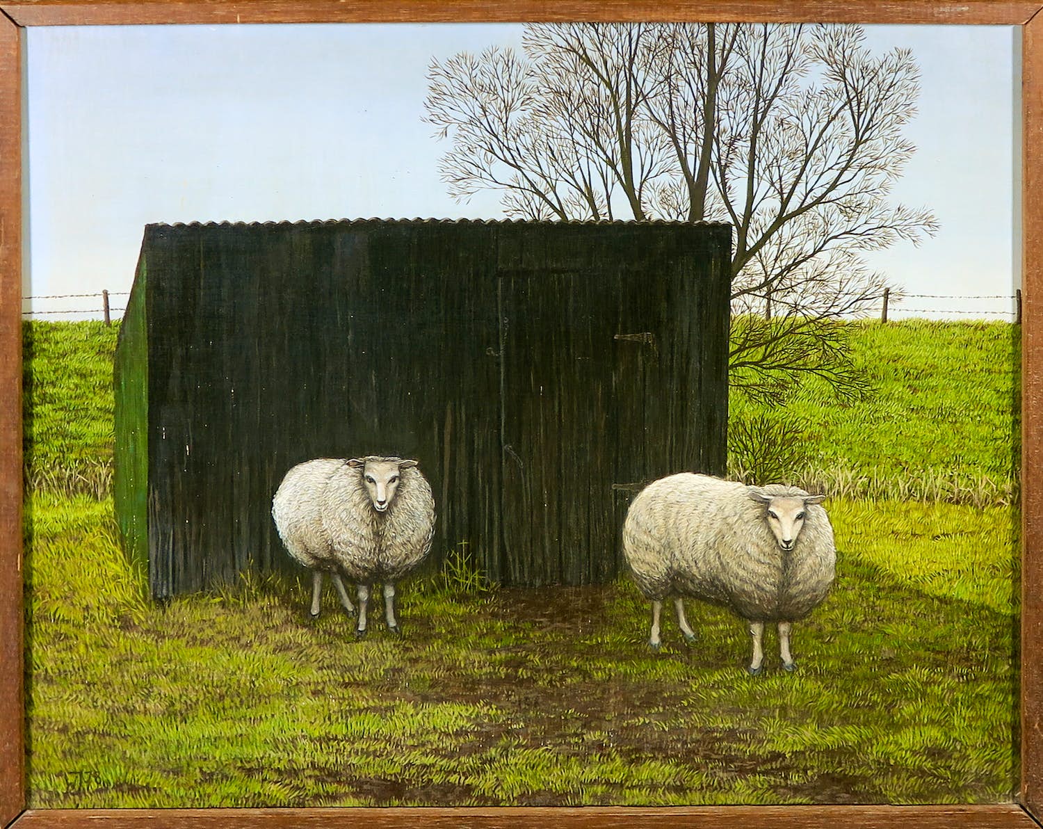 Wies Jansen - Olieverf op paneel, Schapen - Ingelijst verkocht voor € 100!