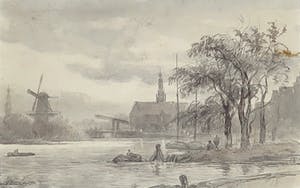 Arnoldus Johannes Eymer - Aquarel, Landschap met kerktoren - Ingelijst kopen? Bied vanaf 35!