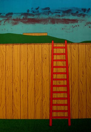 Mark Brusse - litho: twee schuttingen - 1973 kopen? Bied vanaf 45!