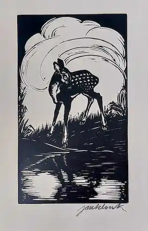 Jan Schonk - Hout/linosnede "Hertje" verkauft für € 65!